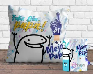 Cojín y taza sublimados con diseños Flork del Día del Padre. El cojín muestra un Flork sonriente con un guante de espuma '#1' y 'Feliz Día Papá! Mejor Papá', y la taza tiene un Flork saludando con el logo de Deportes Temuco.