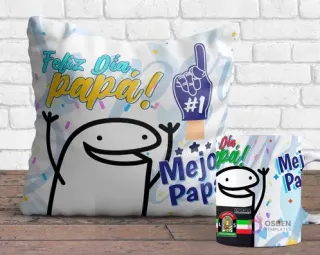 Cojín y taza sublimados con diseños Flork del Día del Padre. El cojín muestra un Flork sonriente con un guante de espuma '#1' y 'Feliz Día Papá! Mejor Papá', y la taza tiene un Flork saludando con el logo de Deportes La Serena.