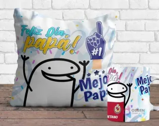 Cojín y taza sublimados con diseños Flork del Día del Padre. El cojín muestra un Flork sonriente con un guante de espuma '#1' y 'Feliz Día Papá! Mejor Papá', y la taza tiene un Flork saludando con el logo de Universidad Católica.