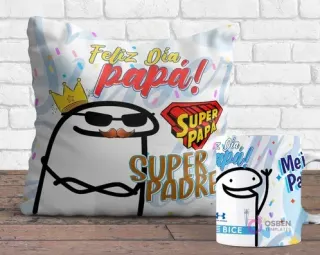 Cojín y taza sublimados con diseños Flork del Día del Padre. El cojín muestra un Flork con corona y gafas y el texto 'Feliz Día Papá! Súper Papá', mientras la taza tiene un Flork levantando la mano con el logo de Unión Española.
