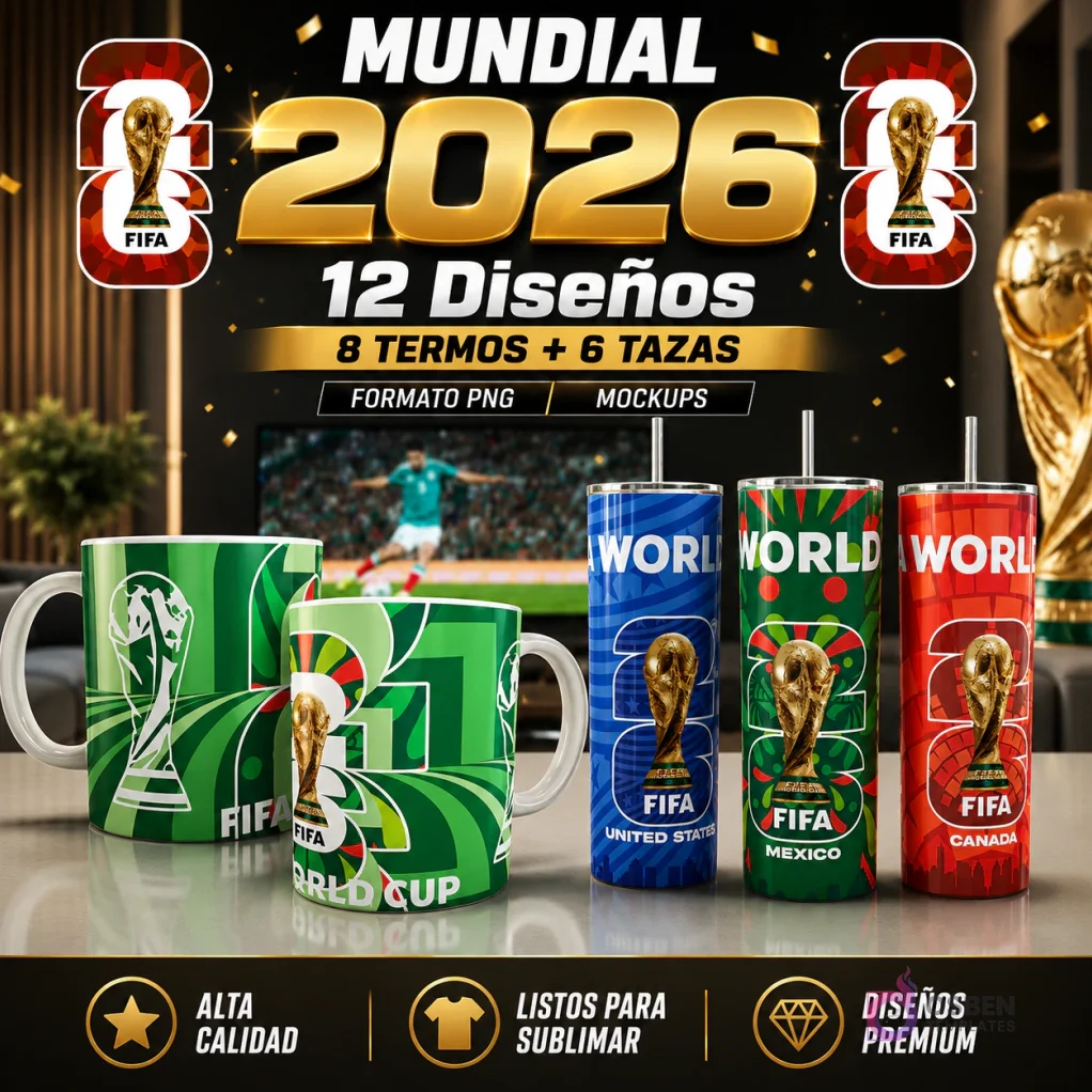 Pack Plantillas Sublimar Mundial 2026 Tazas Tumblers. Contiene 12 diseños exclusivos con trofeo FIFA, logos 26, referencias a México, USA, Canadá y mockups profesionales.