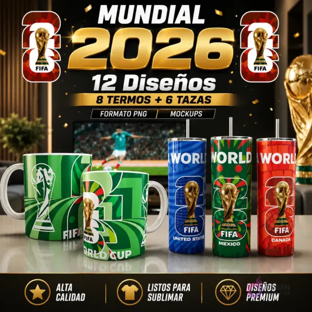 Pack Plantillas Sublimar Mundial 2026 Tazas Tumblers. Contiene 12 diseños exclusivos con trofeo FIFA, logos 26, referencias a México, USA, Canadá y mockups profesionales.
