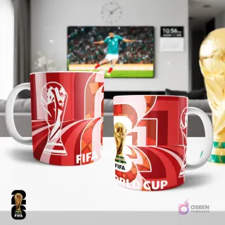 Diseño para taza de sublimación del Mundial 2026 en color rojo con patrón abstracto, el trofeo FIFA y el número 26 estilizado, ideal para personalizar.
