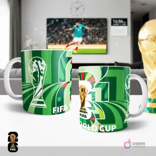 Diseño para taza de sublimación del Mundial 2026 en color verde con patrón geométrico, el trofeo de la FIFA y el número 26, perfecto para fans de México.
