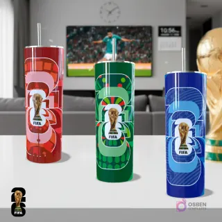 Diseños abstractos para tumblers de sublimación del Mundial 2026 en colores rojo, verde y azul, con el trofeo FIFA y el número 26, ideal para variedad.