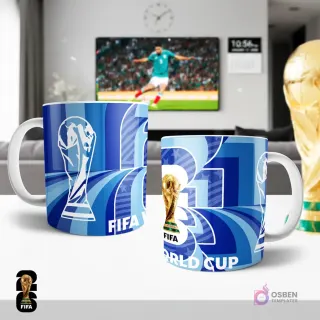 Diseño para taza de sublimación del Mundial 2026 en color azul con patrón abstracto, el trofeo FIFA y el número 26 estilizado, ideal para la afición.