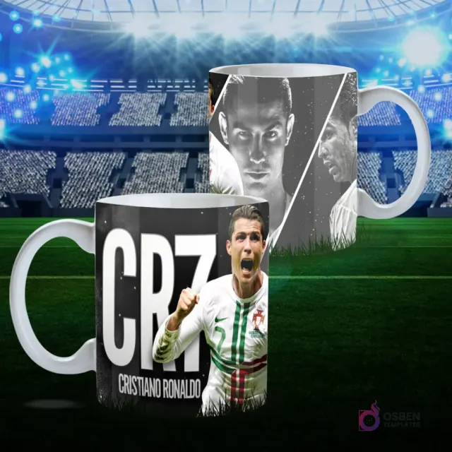 Mug de sublimación CR7 con Cristiano Ronaldo en uniforme de Portugal celebrando y diseño de su rostro en blanco y negro, sobre fondo de estadio de fútbol.