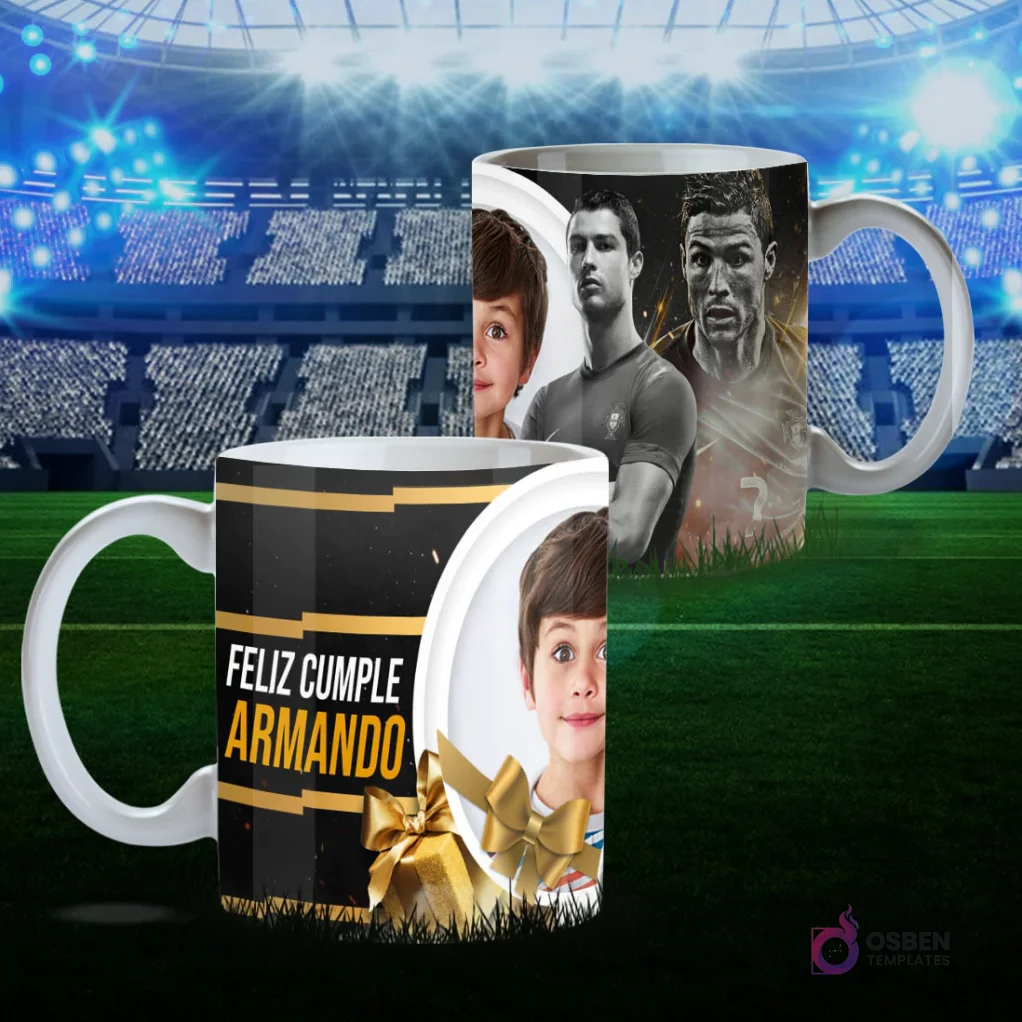 Plantilla de taza personalizada 'Feliz Cumple Armando' con foto de niño y detalles dorados, combinada con diseños de Cristiano Ronaldo en la parte trasera, para sublimación.