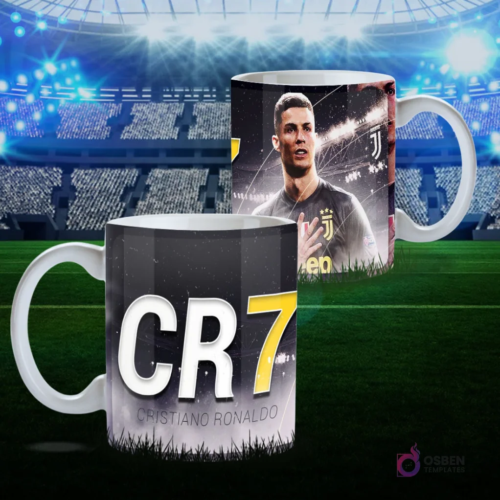 Plantilla de taza CR7 con Cristiano Ronaldo en uniforme de Juventus señalando, y el logo CR7 en tonos amarillos y blancos, sobre fondo oscuro de estadio, para sublimación.
