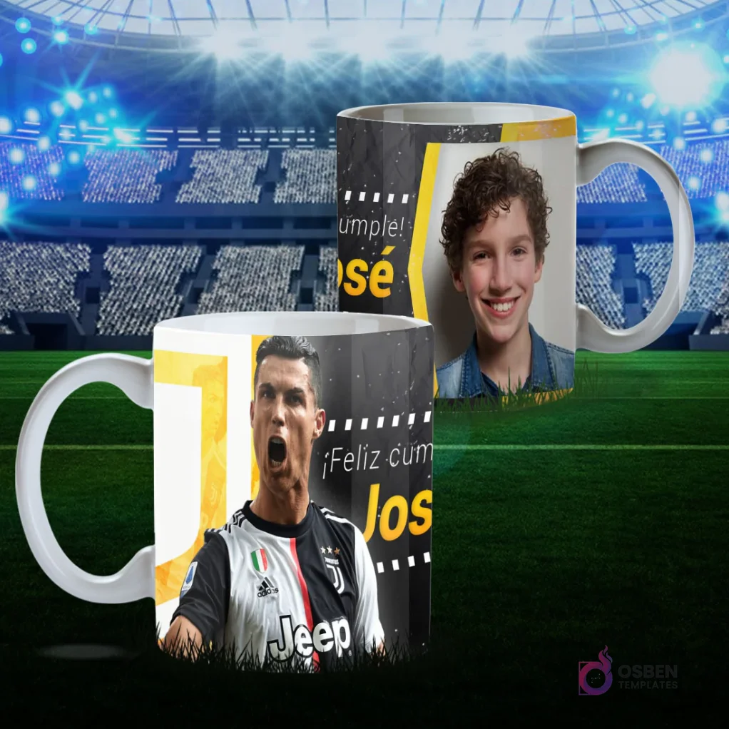 Plantilla de taza personalizada '¡Feliz Cumple José!' con foto de niño y Cristiano Ronaldo en uniforme de Juventus celebrando, con detalles dorados y negros, sobre fondo de estadio.