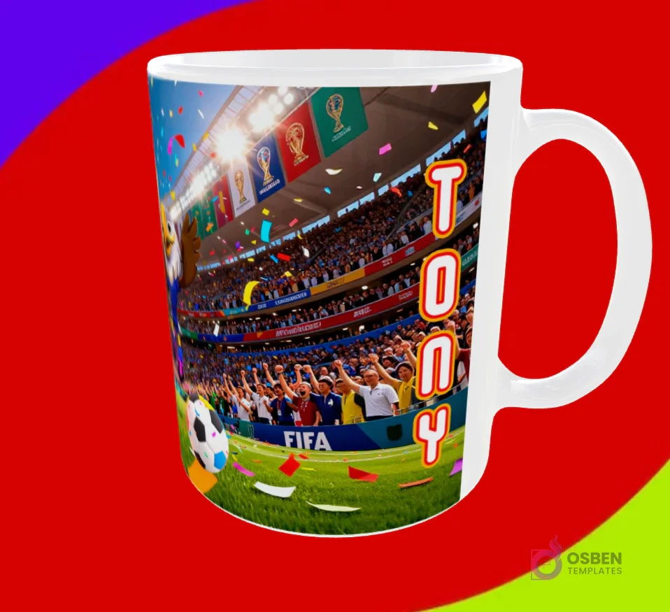 Mug sublimado con la mascota águila del Mundial 2026 en el estadio y nombre Tony escrito verticalmente
