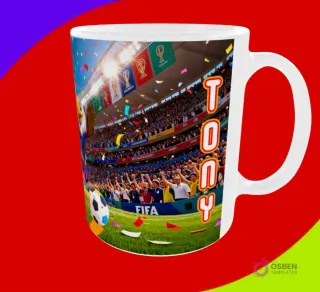 Mug sublimado con la mascota águila del Mundial 2026 en el estadio y nombre Tony escrito verticalmente