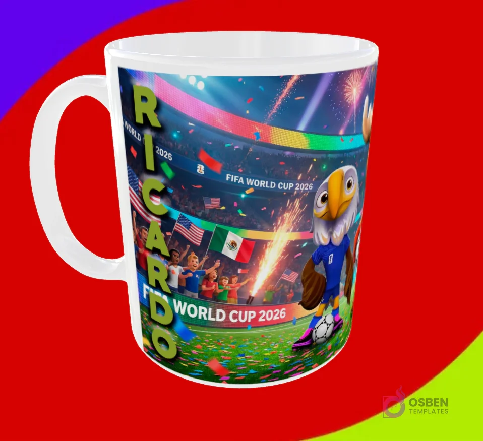 Taza sublimada con la mascota águila en estadio con fuegos artificiales y nombre Ricardo para Mundial 2026