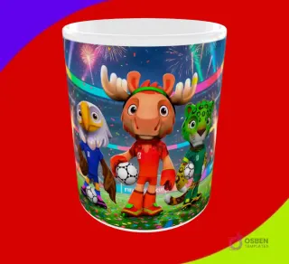 Diseño de taza con las tres mascotas del Mundial 2026 (águila, alce, jaguar) con balones de fútbol y fuegos artificiales