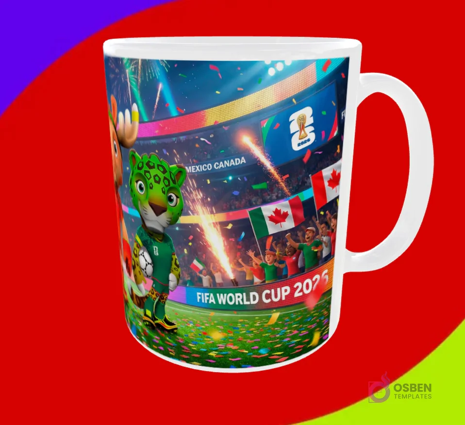 Mug sublimado con la mascota jaguar en un estadio con banderas de México y Canadá para FIFA World Cup 2026