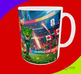 Mug sublimado con la mascota jaguar en un estadio con banderas de México y Canadá para FIFA World Cup 2026