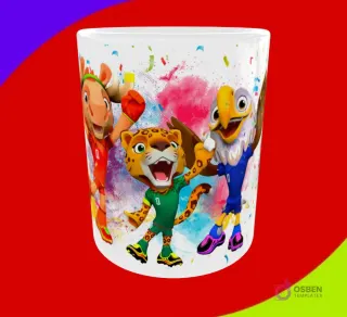 Diseño de taza con las tres mascotas del Mundial 2026 (alce, jaguar, águila) y fondo de salpicaduras de pintura colorida