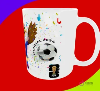 Mug sublimado con la mascota águila, balón de fútbol, confeti y logo 'Mundial 2026 FIFA' con trofeo