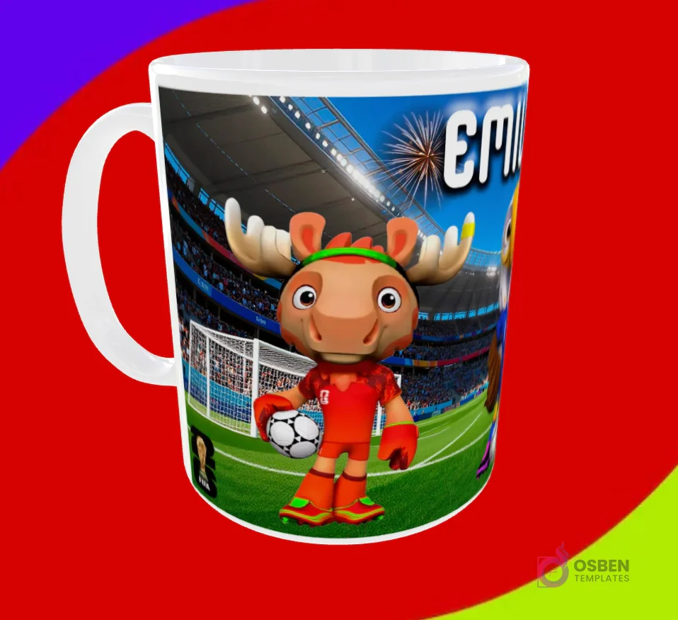 Taza sublimada con la mascota alce sosteniendo un balón en estadio y el nombre Emiliano