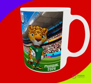 Diseño de taza con la mascota jaguar en estadio, sosteniendo un balón y texto 'Mundial 2026'