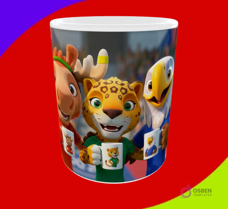 Mug sublimado con las tres mascotas del Mundial 2026 (alce, jaguar, águila) sosteniendo pequeñas tazas temáticas