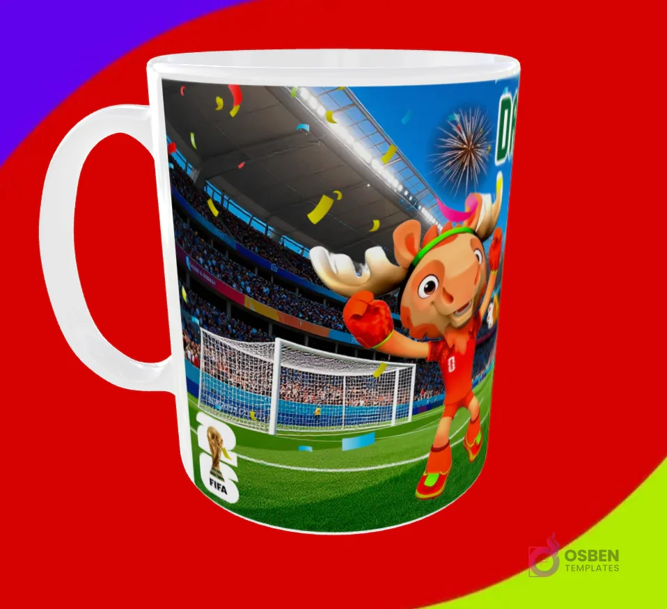 Taza sublimada con la mascota alce celebrando frente a una portería de fútbol y el trofeo FIFA 2026