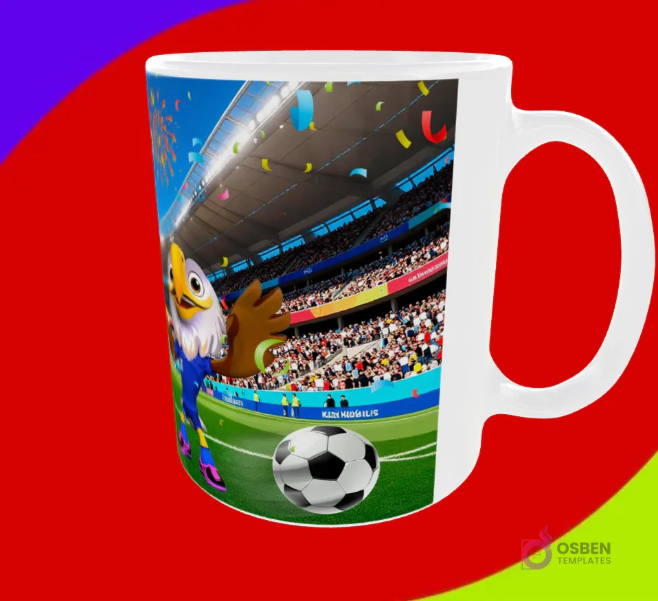 Taza sublimada con la mascota águila en un estadio con balón de fútbol y confeti, Mundial 2026