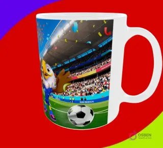 Taza sublimada con la mascota águila en un estadio con balón de fútbol y confeti, Mundial 2026