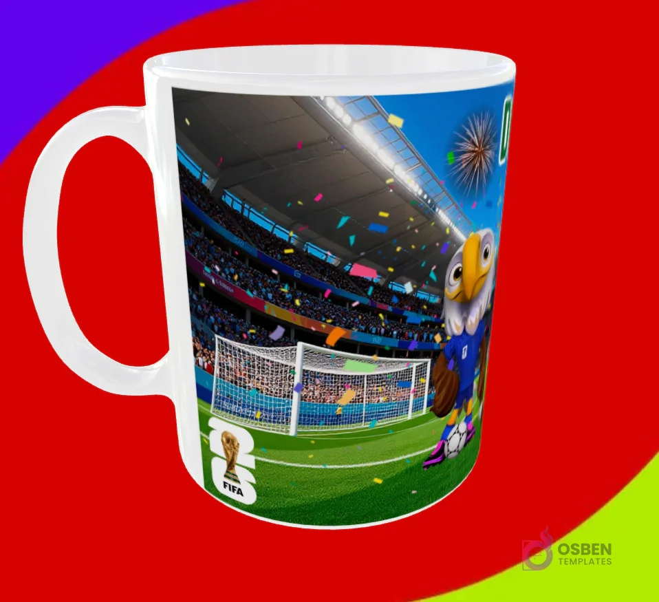 Diseño de taza con la mascota águila celebrando frente a una portería de fútbol y el trofeo FIFA 2026