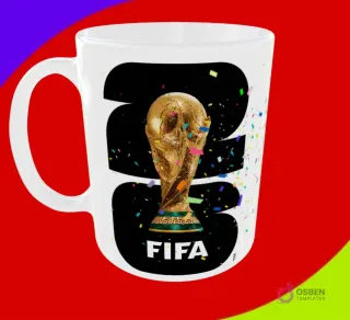 Diseño de taza sublimado con el trofeo de la Copa Mundial FIFA y el año 2026 en color negro con confeti