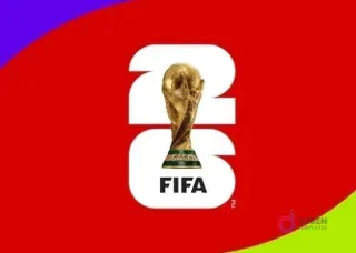 Fondo del logo oficial del Mundial 2026 con el trofeo FIFA sobre un vibrante fondo rojo