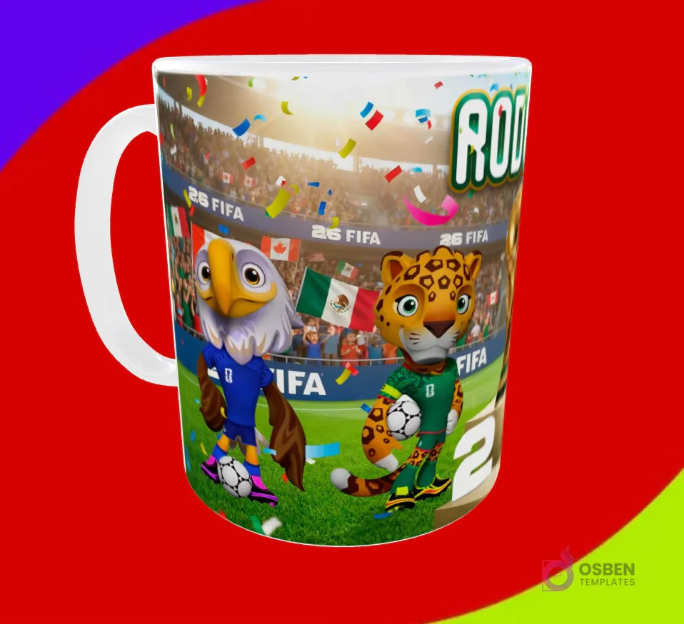 Taza sublimada con las mascotas águila y jaguar en estadio, con fans y banderas, y el nombre Rodrigo
