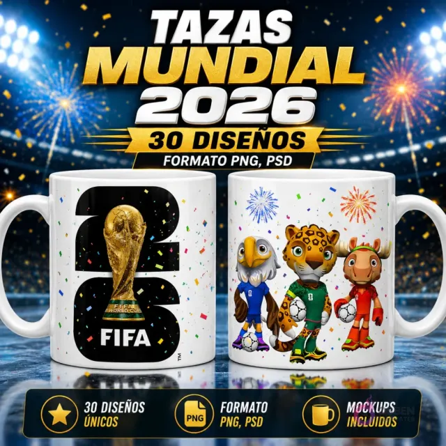 Plantillas para sublimar tazas del Mundial 2026 con trofeo FIFA y las 3 mascotas oficiales en un estadio