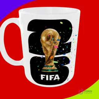 Diseño de taza sublimado con el trofeo de la Copa Mundial FIFA y el año 2026 en color negro con confeti