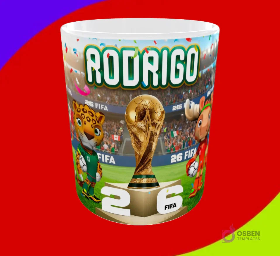 Mug personalizado con nombre Rodrigo, trofeo FIFA y mascotas jaguar y alce en diseño de sublimación del Mundial 2026