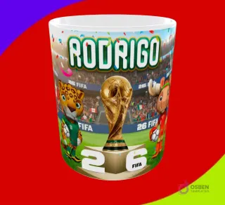 Mug personalizado con nombre Rodrigo, trofeo FIFA y mascotas jaguar y alce en diseño de sublimación del Mundial 2026