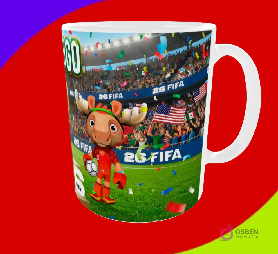 Taza sublimada con la mascota alce celebrando en estadio con banderas de países anfitriones y confeti para Mundial 2026
