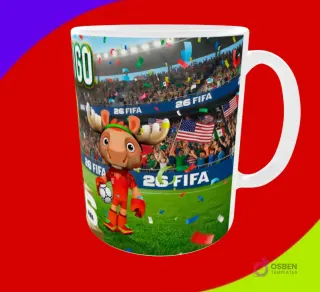 Taza sublimada con la mascota alce celebrando en estadio con banderas de países anfitriones y confeti para Mundial 2026