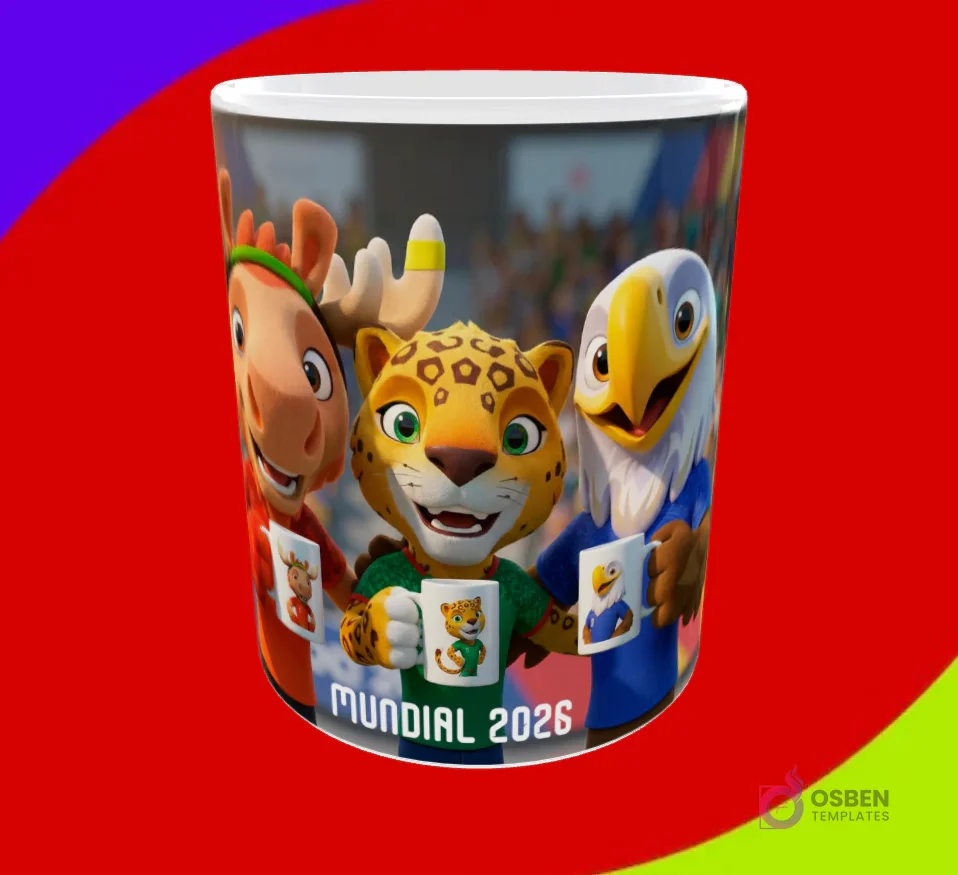 Taza sublimada con las tres mascotas del Mundial 2026 (alce, jaguar, águila) y texto 'Mundial 2026'