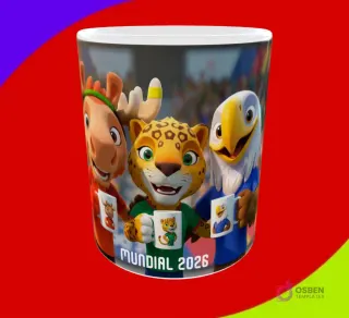 Taza sublimada con las tres mascotas del Mundial 2026 (alce, jaguar, águila) y texto 'Mundial 2026'