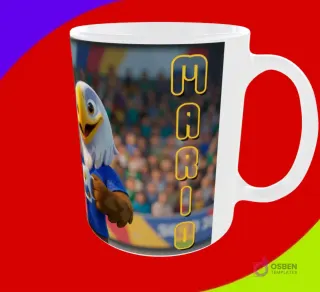 Mug sublimado con la mascota águila del Mundial 2026 y el nombre Mario escrito verticalmente
