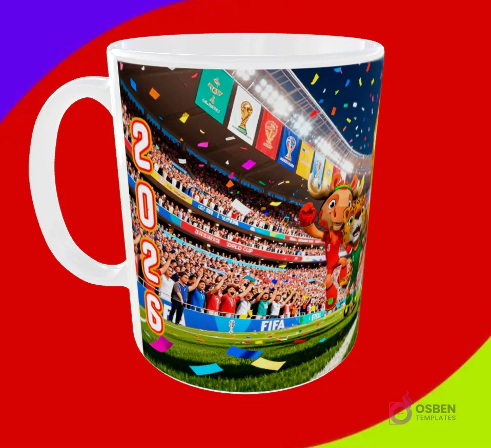 Taza sublimada con la mascota alce celebrando en un estadio con el año 2026 y trofeos históricos