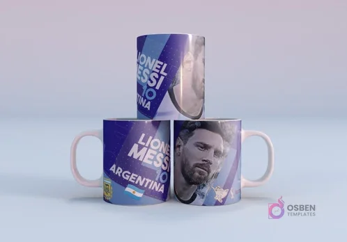 Plantilla sublimación taza Lionel Messi Argentina 10 Mundial Qatar 2022, con mockup de tres tazas apiladas con diseño en tonos azules y blancos