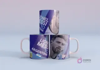 Plantilla sublimación taza Lionel Messi Argentina 10 Mundial Qatar 2022, con mockup de tres tazas apiladas con diseño en tonos azules y blancos