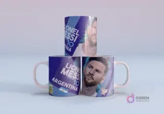 Plantilla sublimación taza Julián Álvarez Argentina 9 Mundial Qatar 2022, con mockup de tres tazas apiladas con diseño en tonos azules y blancos