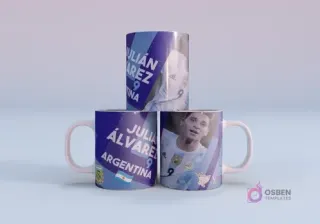 Plantilla sublimación taza Paulo Dybala Argentina 21 Mundial Qatar 2022, con mockup de tres tazas apiladas con diseño en tonos azules y blancos