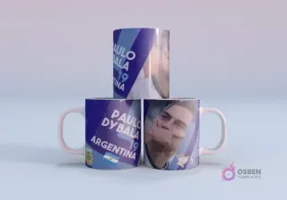 Plantilla sublimación taza Nicolás Otamendi Argentina 19 Mundial Qatar 2022, con mockup de tres tazas apiladas con diseño en tonos azules y blancos
