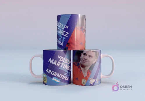 Plantilla sublimación taza Ángel Di María Argentina 11 Mundial Qatar 2022, con mockup de tres tazas apiladas con diseño en tonos azules y blancos
