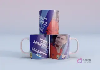 Plantilla sublimación taza Ángel Di María Argentina 11 Mundial Qatar 2022, con mockup de tres tazas apiladas con diseño en tonos azules y blancos