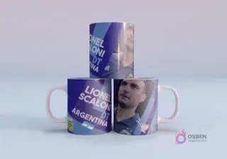 Plantilla sublimación taza Lionel Messi Argentina 10 Mundial Qatar 2022, con mockup de tres tazas apiladas con diseño en tonos azules y blancos. Segundo diseño de Messi.